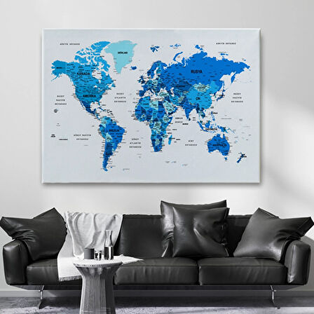 Detaylı ve Eğitici Türkçe Dünya Haritası, Harita Dekoratif Kanvas Tablo, Duvar Dekoru 1608