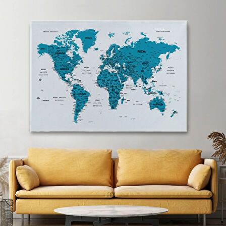 Detaylı ve Eğitici Türkçe Dünya Haritası, Harita Dekoratif Kanvas Tablo, Duvar Dekoru 1609