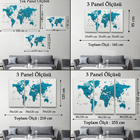 Detaylı ve Eğitici Türkçe Dünya Haritası, Harita Dekoratif Kanvas Tablo, Duvar Dekoru 1609