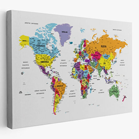 Detaylı ve Eğitici Türkçe Dünya Haritası, Harita Dekoratif Kanvas Tablo, Duvar Dekoru 1611