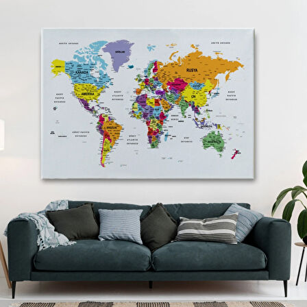 Detaylı ve Eğitici Türkçe Dünya Haritası, Harita Dekoratif Kanvas Tablo, Duvar Dekoru 1611