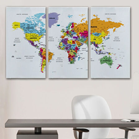 Detaylı ve Eğitici Türkçe Dünya Haritası, Harita Dekoratif Kanvas Tablo, Duvar Dekoru 1611