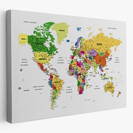 Detaylı ve Eğitici Türkçe Dünya Haritası, Harita Dekoratif Kanvas Tablo, Duvar Dekoru 1614