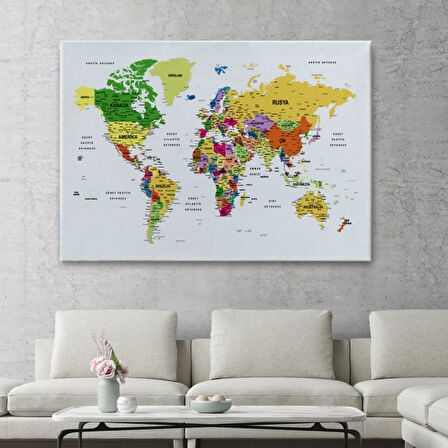 Detaylı ve Eğitici Türkçe Dünya Haritası, Harita Dekoratif Kanvas Tablo, Duvar Dekoru 1614