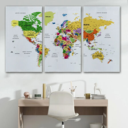 Detaylı ve Eğitici Türkçe Dünya Haritası, Harita Dekoratif Kanvas Tablo, Duvar Dekoru 1614