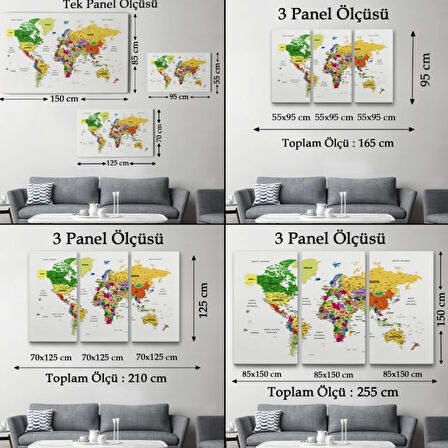 Detaylı ve Eğitici Türkçe Dünya Haritası, Harita Dekoratif Kanvas Tablo, Duvar Dekoru 1614