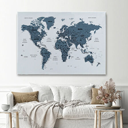 Detaylı ve Eğitici Türkçe Dünya Haritası, Harita Dekoratif Kanvas Tablo, Duvar Dekoru 1615