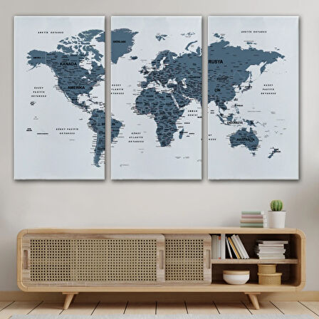 Detaylı ve Eğitici Türkçe Dünya Haritası, Harita Dekoratif Kanvas Tablo, Duvar Dekoru 1615