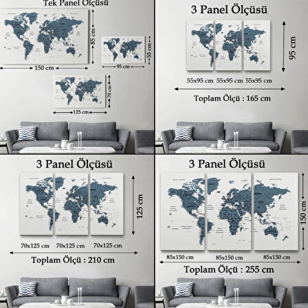 Detaylı ve Eğitici Türkçe Dünya Haritası, Harita Dekoratif Kanvas Tablo, Duvar Dekoru 1615