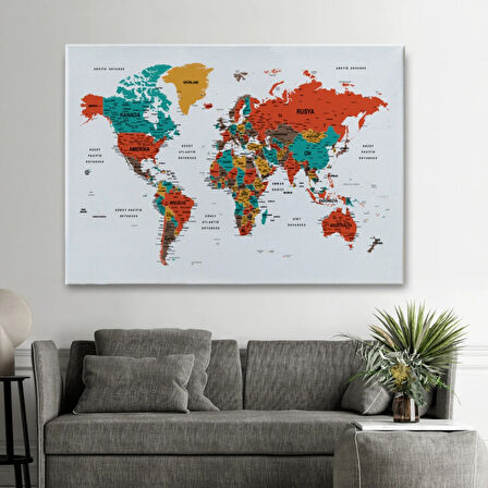 Detaylı ve Eğitici Türkçe Dünya Haritası, Harita Dekoratif Kanvas Tablo, Duvar Dekoru 1616