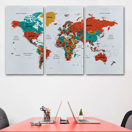 Detaylı ve Eğitici Türkçe Dünya Haritası, Harita Dekoratif Kanvas Tablo, Duvar Dekoru 1616