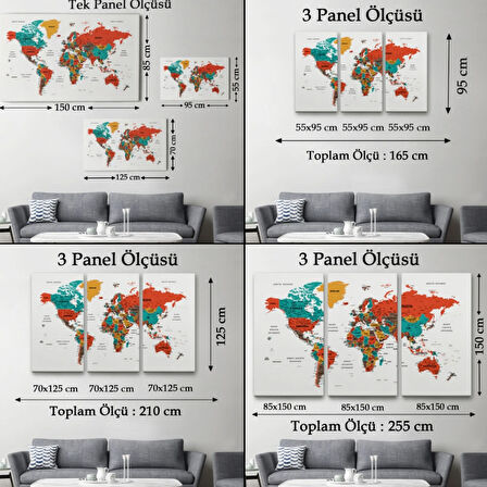 Detaylı ve Eğitici Türkçe Dünya Haritası, Harita Dekoratif Kanvas Tablo, Duvar Dekoru 1616