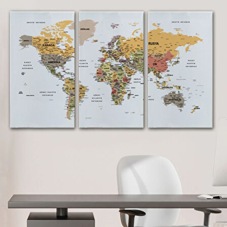 Detaylı ve Eğitici Türkçe Dünya Haritası, Harita Dekoratif Kanvas Tablo, Duvar Dekoru 1621