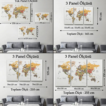 Detaylı ve Eğitici Türkçe Dünya Haritası, Harita Dekoratif Kanvas Tablo, Duvar Dekoru 1621