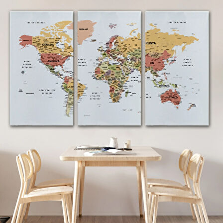 Detaylı ve Eğitici Türkçe Dünya Haritası, Harita Dekoratif Kanvas Tablo, Duvar Dekoru 1624