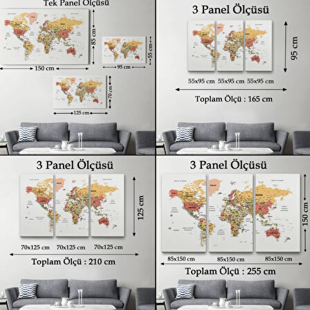 Detaylı ve Eğitici Türkçe Dünya Haritası, Harita Dekoratif Kanvas Tablo, Duvar Dekoru 1624