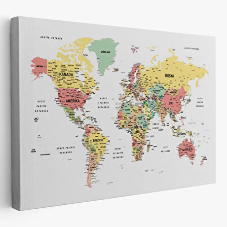 Detaylı ve Eğitici Türkçe Dünya Haritası, Harita Dekoratif Kanvas Tablo, Duvar Dekoru 1626