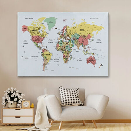 Detaylı ve Eğitici Türkçe Dünya Haritası, Harita Dekoratif Kanvas Tablo, Duvar Dekoru 1626