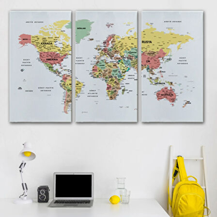 Detaylı ve Eğitici Türkçe Dünya Haritası, Harita Dekoratif Kanvas Tablo, Duvar Dekoru 1626