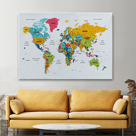 Detaylı Eğitici Türkçe Dünya Haritası Renkli Dekoratif Kanvas Tablo, Duvar Dekoru 1628