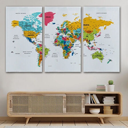 Detaylı Eğitici Türkçe Dünya Haritası Renkli Dekoratif Kanvas Tablo, Duvar Dekoru 1628