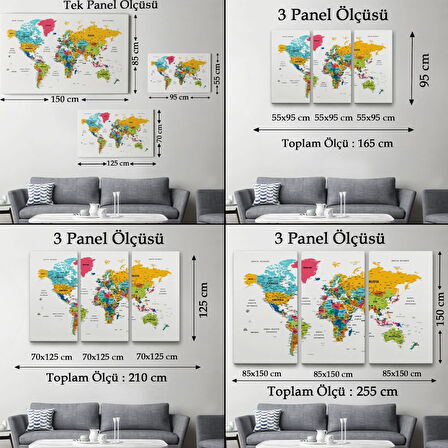 Detaylı Eğitici Türkçe Dünya Haritası Renkli Dekoratif Kanvas Tablo, Duvar Dekoru 1628