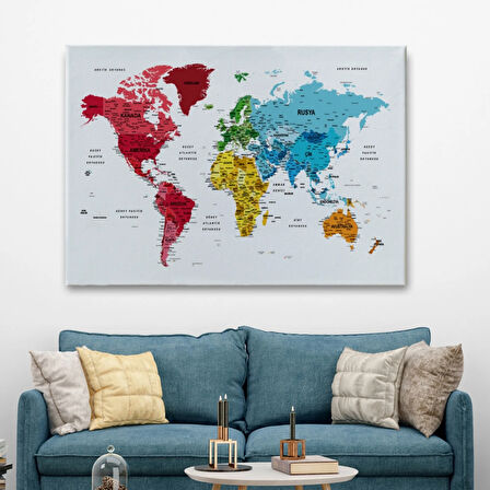 Detaylı ve Eğitici Türkçe Dünya Haritası, Harita Dekoratif Kanvas Tablo, Duvar Dekoru 1633