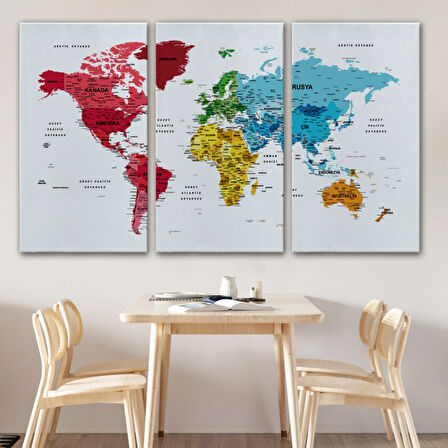 Detaylı ve Eğitici Türkçe Dünya Haritası, Harita Dekoratif Kanvas Tablo, Duvar Dekoru 1633