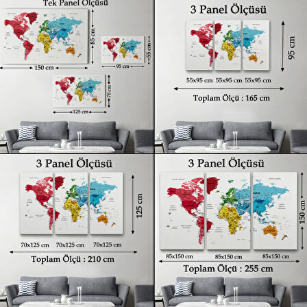 Detaylı ve Eğitici Türkçe Dünya Haritası, Harita Dekoratif Kanvas Tablo, Duvar Dekoru 1633