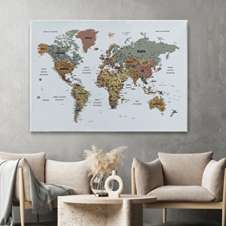 Detaylı Eğitici Türkçe Dünya Haritası Renkli Dekoratif Kanvas Tablo, Duvar Dekoru 1634