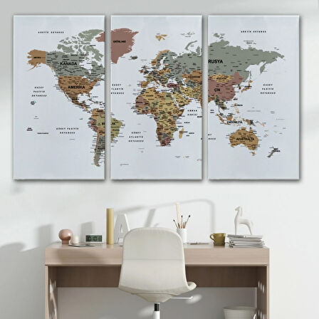 Detaylı Eğitici Türkçe Dünya Haritası Renkli Dekoratif Kanvas Tablo, Duvar Dekoru 1634