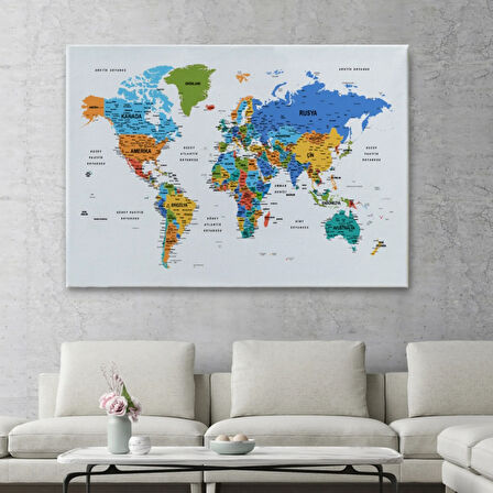 Detaylı ve Eğitici Türkçe Dünya Haritası, Harita Dekoratif Kanvas Tablo, Duvar Dekoru 1637