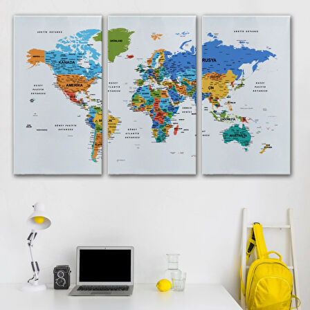 Detaylı ve Eğitici Türkçe Dünya Haritası, Harita Dekoratif Kanvas Tablo, Duvar Dekoru 1637