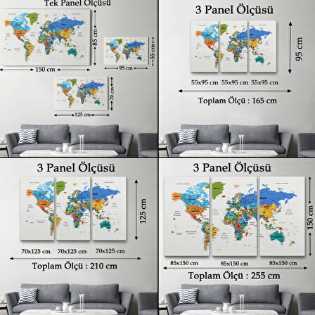 Detaylı ve Eğitici Türkçe Dünya Haritası, Harita Dekoratif Kanvas Tablo, Duvar Dekoru 1637