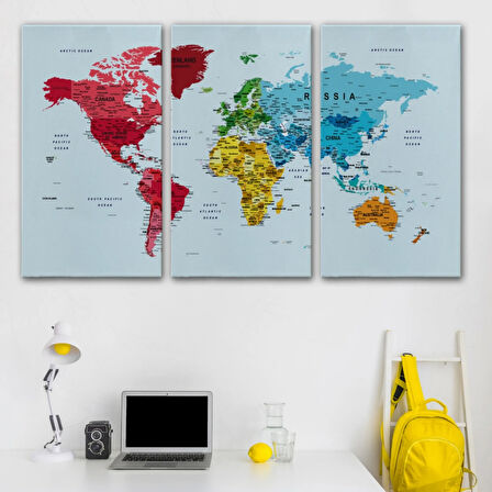 Renkli Zeminli Detaylı İngilizce Dünya Haritası, Harita Dekoratif Kanvas Tablo, Duvar Dekoru 1700