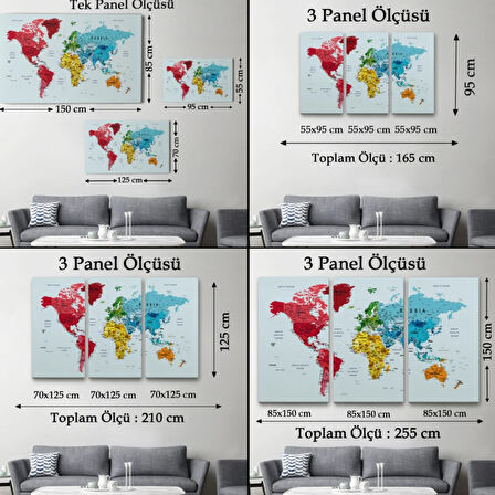 Renkli Zeminli Detaylı İngilizce Dünya Haritası, Harita Dekoratif Kanvas Tablo, Duvar Dekoru 1700