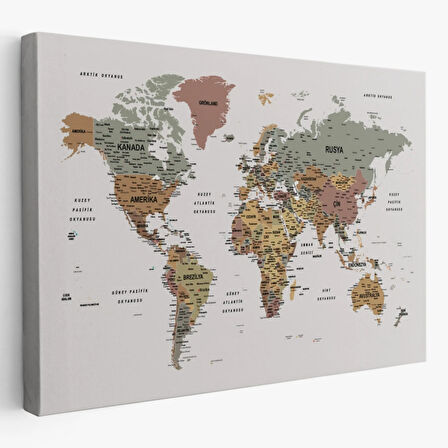 Renkli Zeminli Detaylı Türkçe Dünya Haritası, Harita Dekoratif Kanvas Tablo, Duvar Dekoru 1701