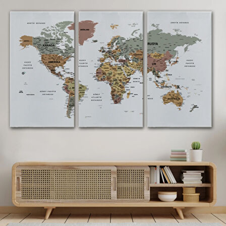 Renkli Zeminli Detaylı Türkçe Dünya Haritası, Harita Dekoratif Kanvas Tablo, Duvar Dekoru 1701