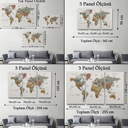 Renkli Zeminli Detaylı Türkçe Dünya Haritası, Harita Dekoratif Kanvas Tablo, Duvar Dekoru 1701