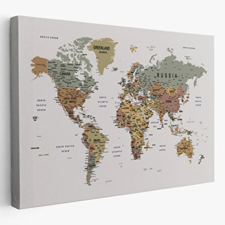 Detaylı Eğitici İngilizce Dünya Haritası Renkli Dekoratif Kanvas Tablo, Duvar Dekoru 1702