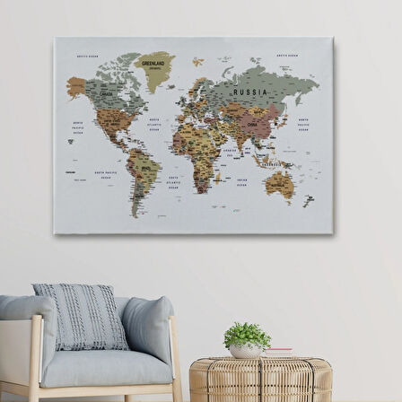 Detaylı Eğitici İngilizce Dünya Haritası Renkli Dekoratif Kanvas Tablo, Duvar Dekoru 1702