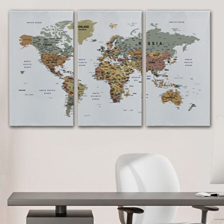 Detaylı Eğitici İngilizce Dünya Haritası Renkli Dekoratif Kanvas Tablo, Duvar Dekoru 1702