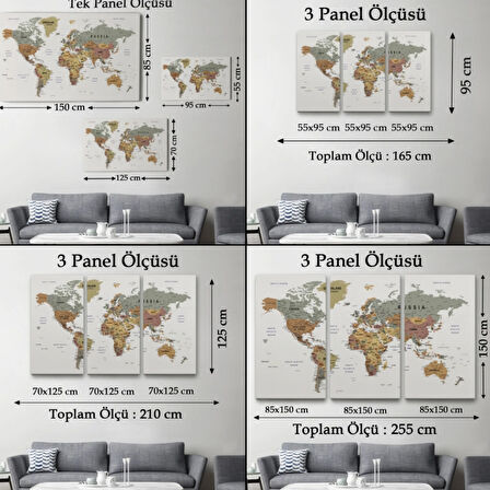 Detaylı Eğitici İngilizce Dünya Haritası Renkli Dekoratif Kanvas Tablo, Duvar Dekoru 1702