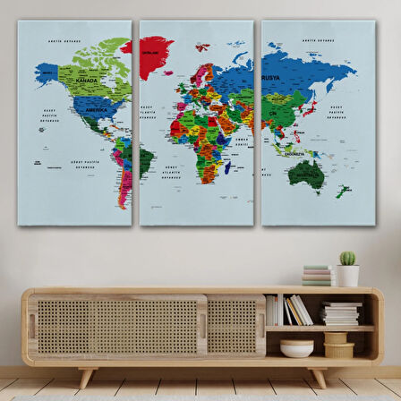 Renkli Zeminli Detaylı Türkçe Dünya Haritası, Harita Dekoratif Kanvas Tablo, Duvar Dekoru 1703