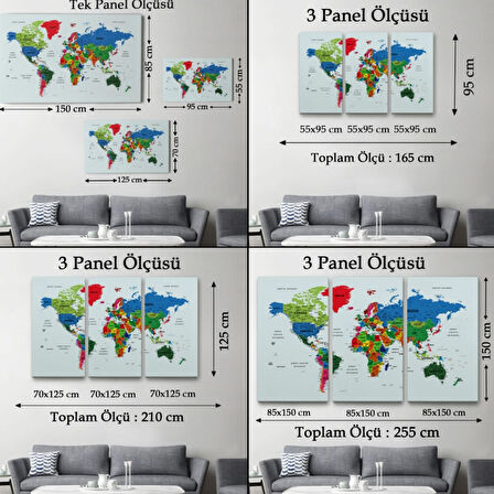 Renkli Zeminli Detaylı Türkçe Dünya Haritası, Harita Dekoratif Kanvas Tablo, Duvar Dekoru 1703