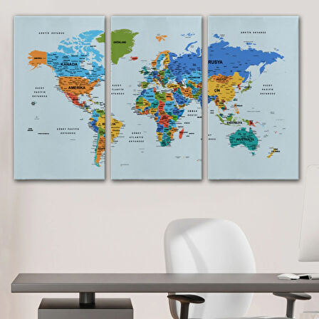 Renkli Zeminli Detaylı Türkçe Dünya Haritası, Harita Dekoratif Kanvas Tablo, Duvar Dekoru 1707