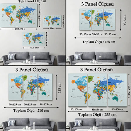 Renkli Zeminli Detaylı Türkçe Dünya Haritası, Harita Dekoratif Kanvas Tablo, Duvar Dekoru 1707