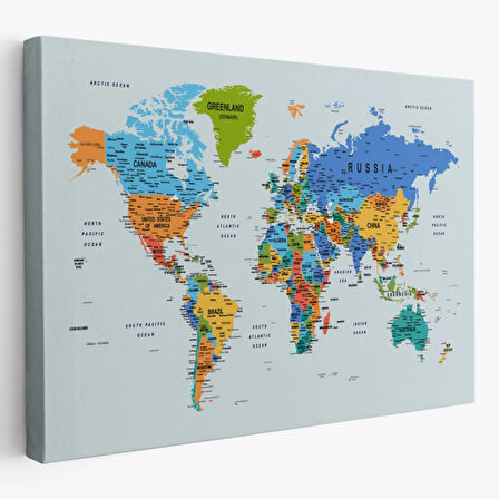 Renkli Zeminli Detaylı İngilizce Dünya Haritası, Harita Dekoratif Kanvas Tablo, Duvar Dekoru 1708