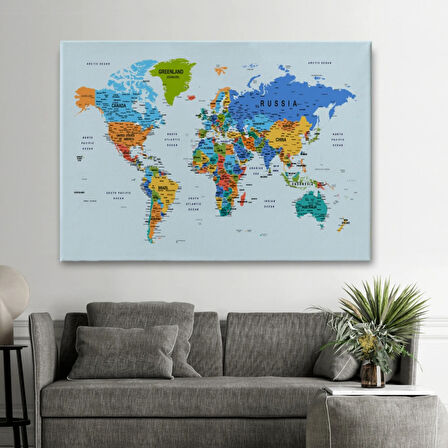 Renkli Zeminli Detaylı İngilizce Dünya Haritası, Harita Dekoratif Kanvas Tablo, Duvar Dekoru 1708