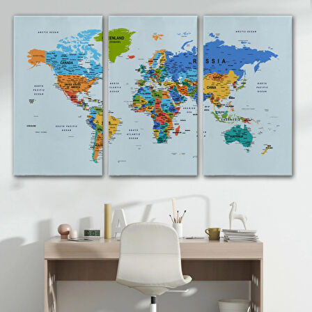 Renkli Zeminli Detaylı İngilizce Dünya Haritası, Harita Dekoratif Kanvas Tablo, Duvar Dekoru 1708